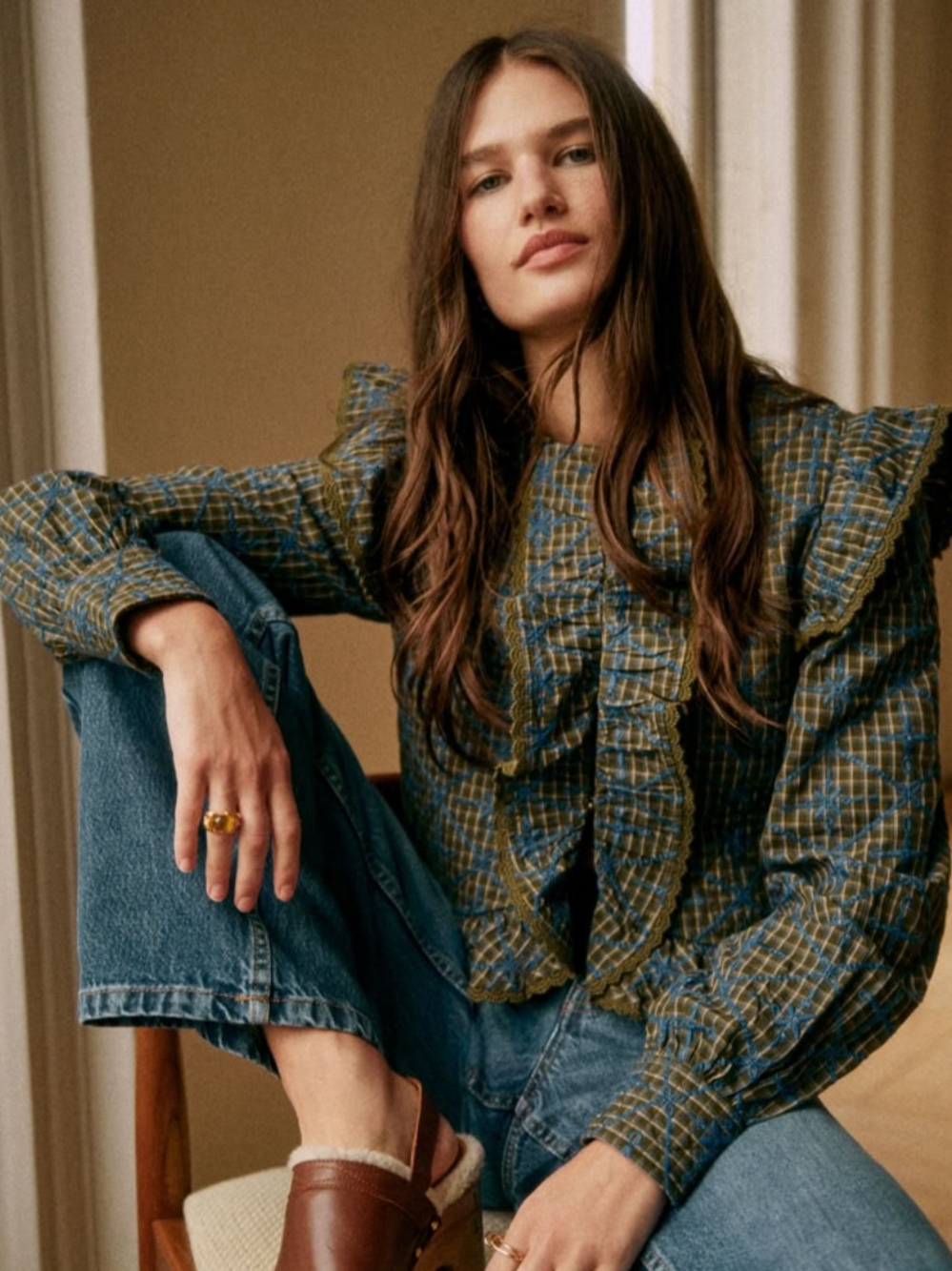 Sezene Axel Jacket Plaid Ruffle Front in Olive & Blue